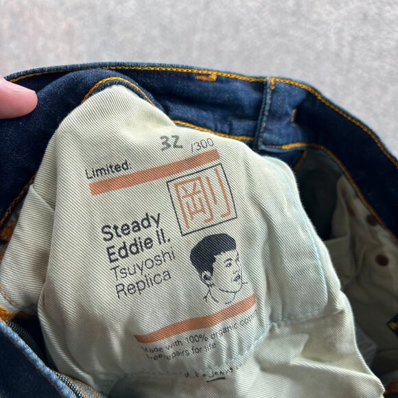 Nudie Jeans Mens 32x28 Patch Eddie II Tsuyoshi Limited Distressed Selvedge Blue - Picture 3 of 12